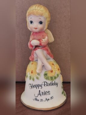 Vintage Zodiac Aries Pixie Fairy Angel Happy Birthday Figural Bell 4" Ceramic